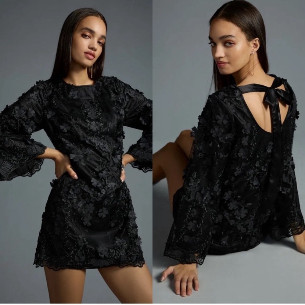 NWT Anthropologie Eva Franco 3-D Floral Shift Dress 8 Black $210 Cocktail Party